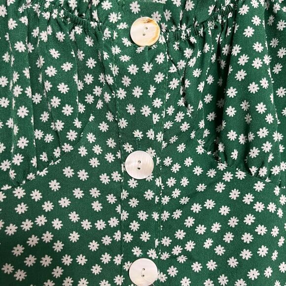 Floral Puffy Sleeve Button Down Crop Top Green and White Size Small - Picture 5 of 6